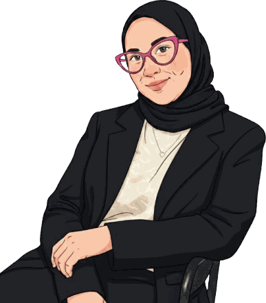 Illustrated portrait of Gee, sitting with her arms folded